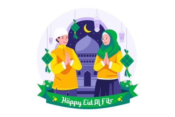 Celebrating Eid with Design: The Couple Greeting Eid Mubarak Illustration